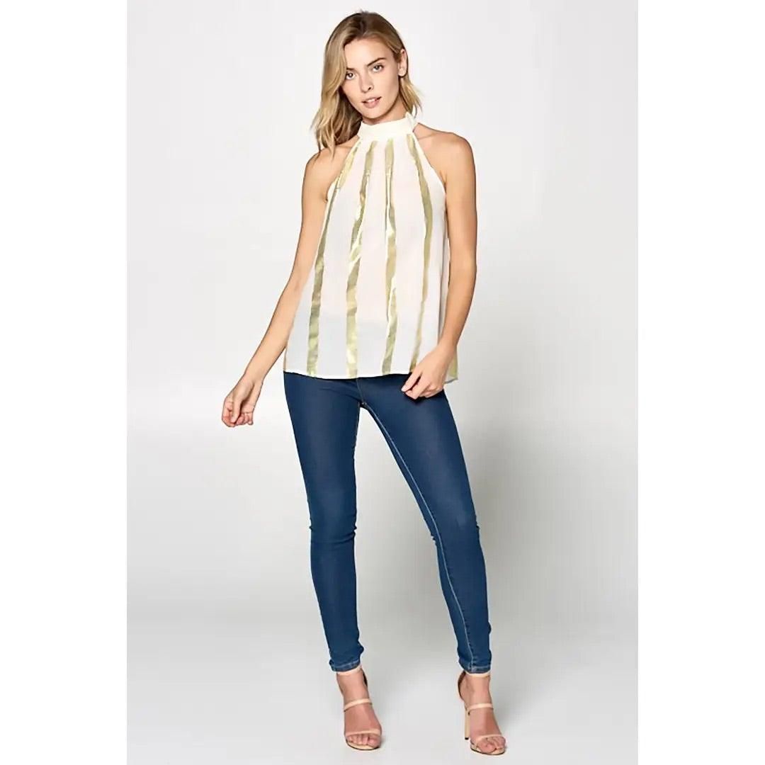 Metallic Striped High Neck Top with Back Tie - BTK COLLECTIONS