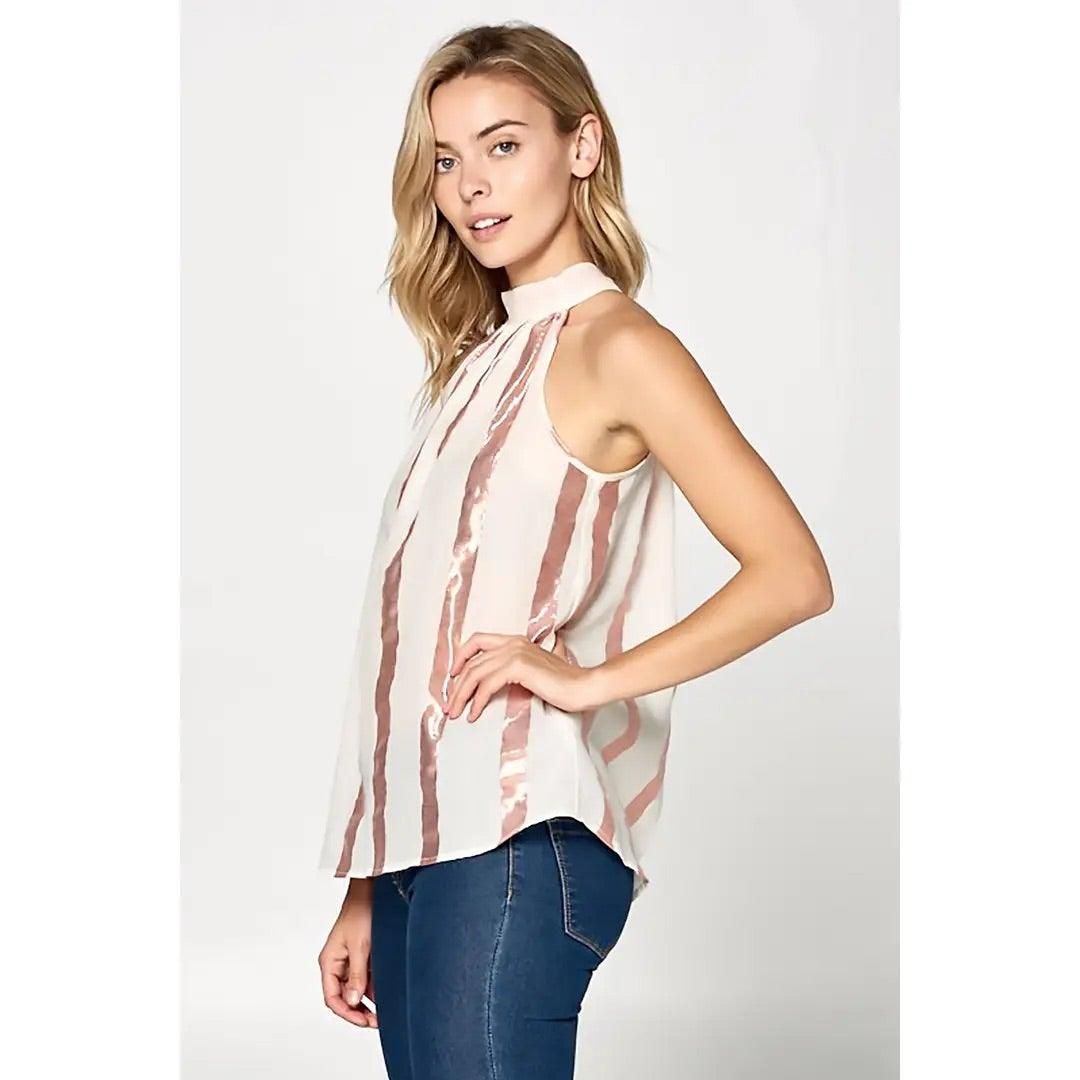 Metallic Striped High Neck Top with Back Tie - BTK COLLECTIONS