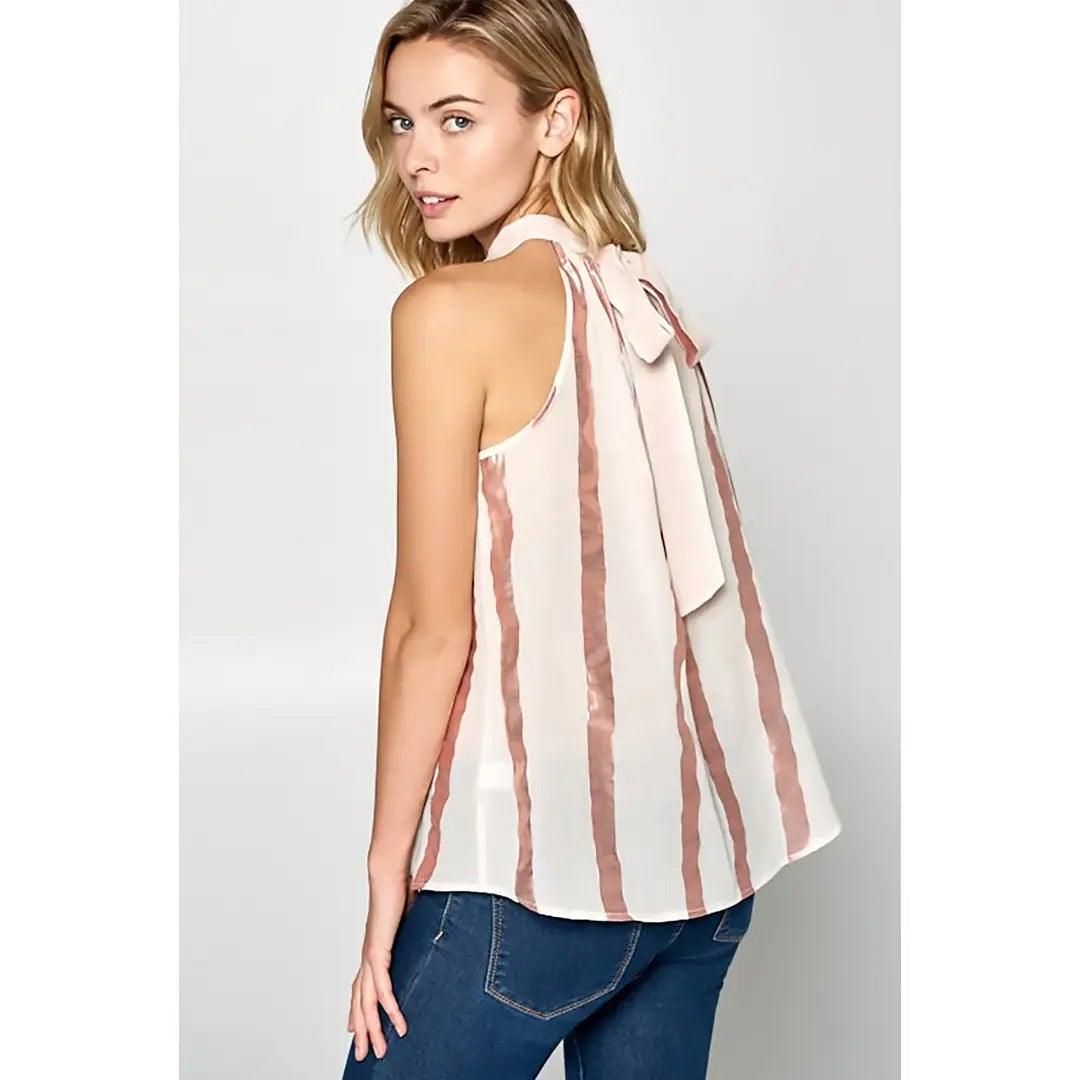 Metallic Striped High Neck Top with Back Tie - BTK COLLECTION