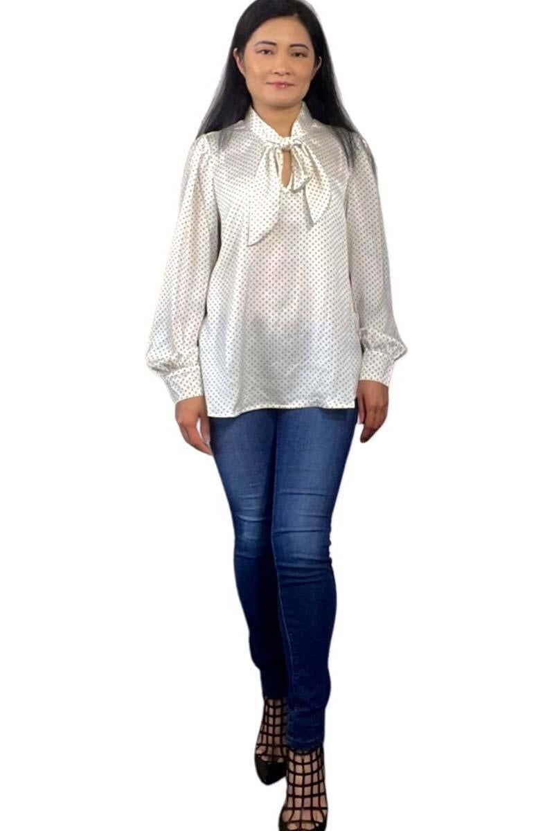 Pin Dot Tie Neck Satin Blouse - BTK COLLECTIONS