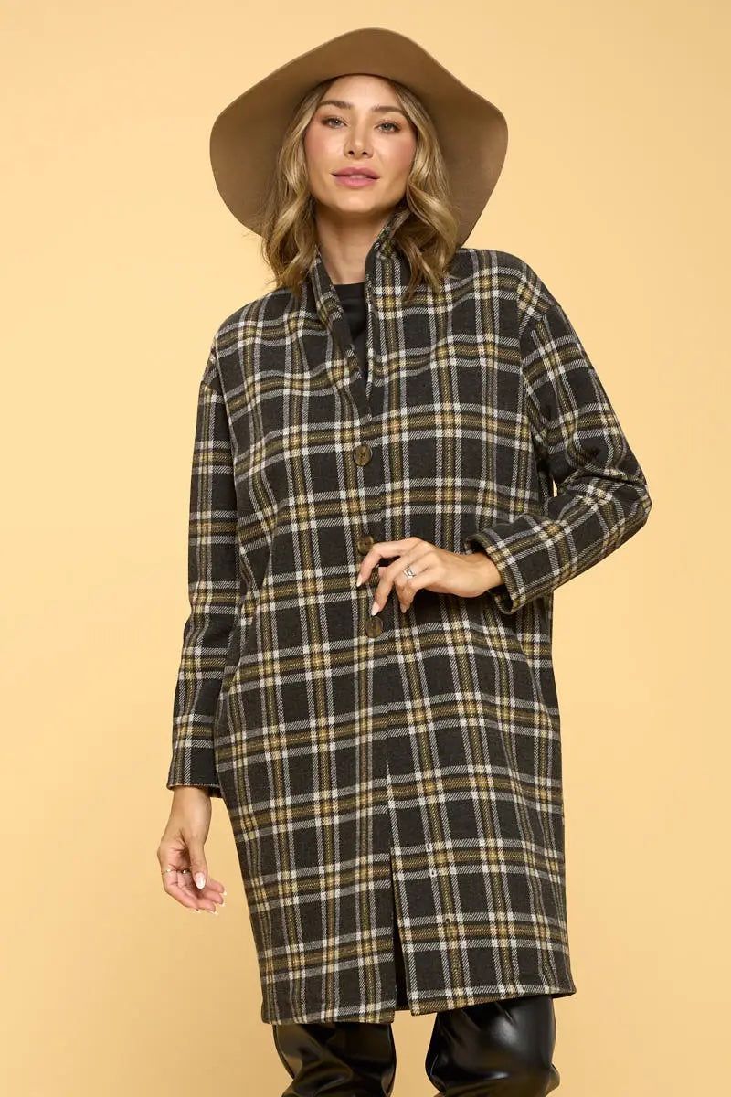 Plaid Coat with Buttons and Pockets - BTK COLLECTION