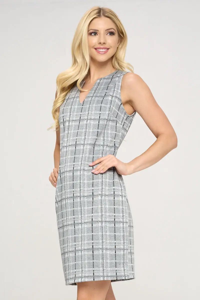 Plaid V - neck Sleeveless Dress - BTK COLLECTIONS