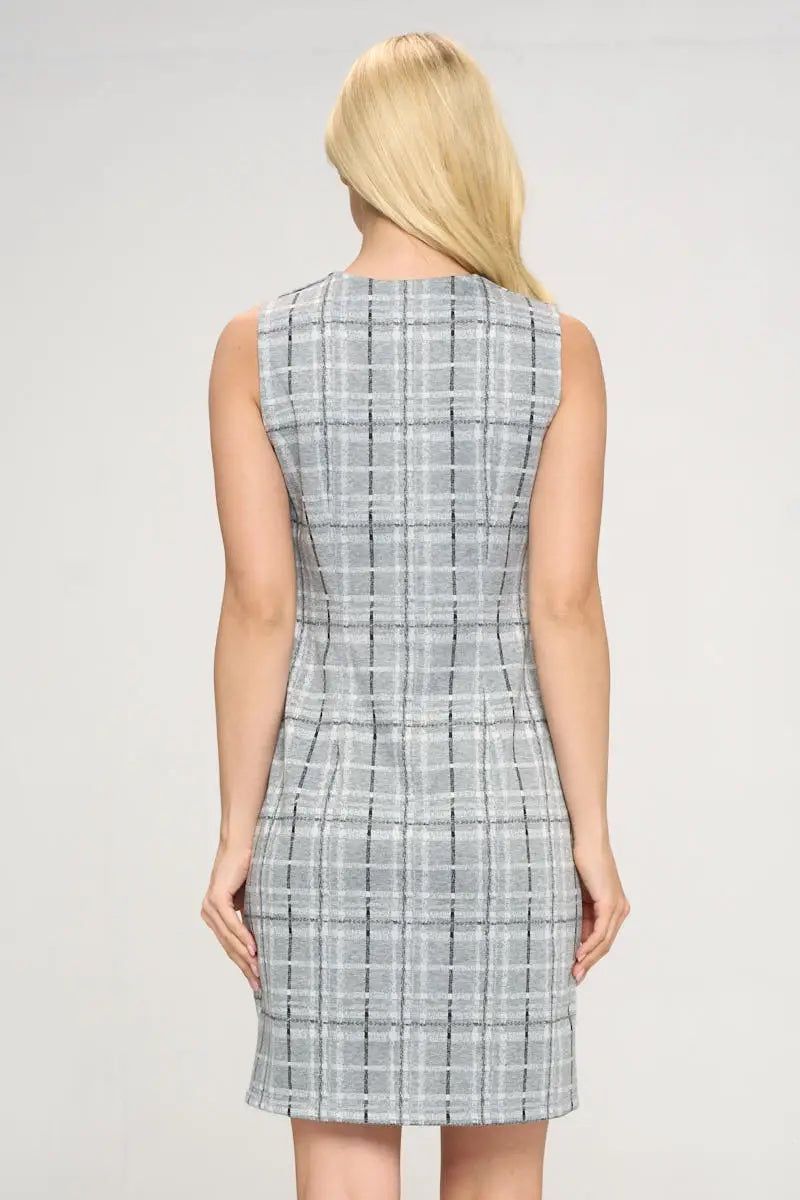 Plaid V - neck Sleeveless Dress - BTK COLLECTIONS