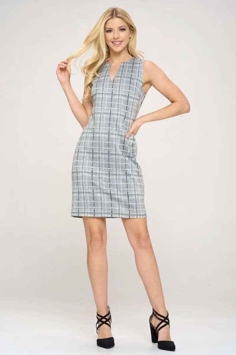 Plaid V - neck Sleeveless Dress - BTK COLLECTIONS