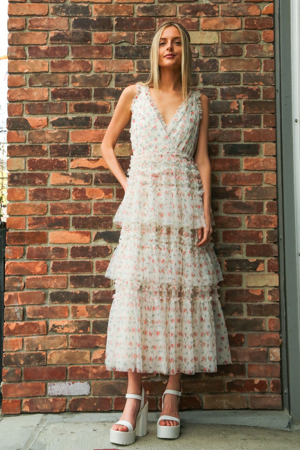 Printed Mesh Long Dress With Frill & Ruffle Detail - BTK COLLECTIONS