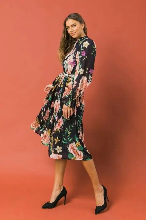 Printed Pleated Midi Dress - BTK COLLECTIONS