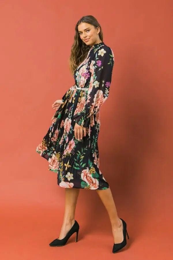 Printed Pleated Midi Dress - BTK COLLECTION