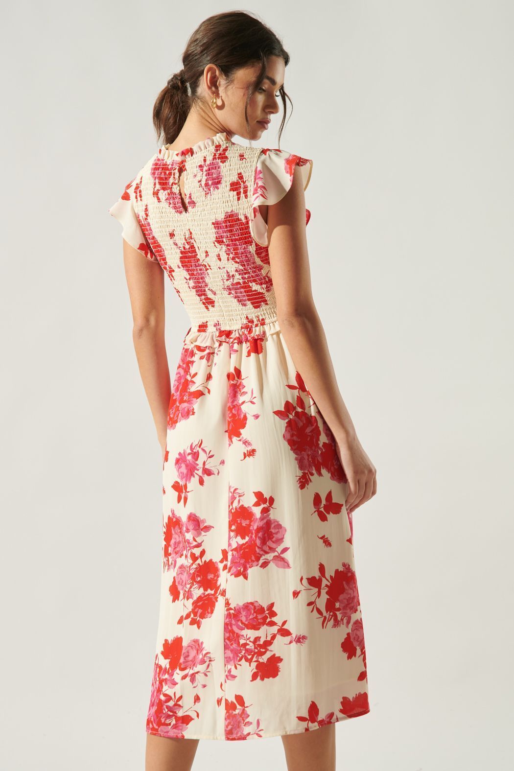 Rhu Crimson Floral Smocked Midi Dress - BTK COLLECTIONS