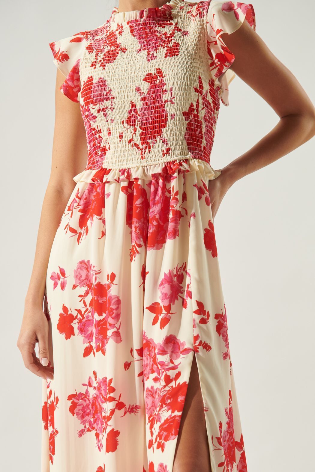 Rhu Crimson Floral Smocked Midi Dress - BTK COLLECTIONS