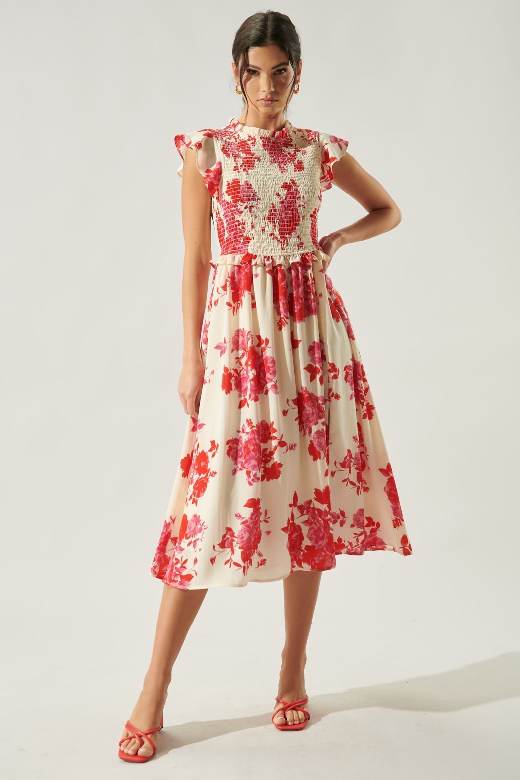 Rhu Crimson Floral Smocked Midi Dress - BTK COLLECTIONS