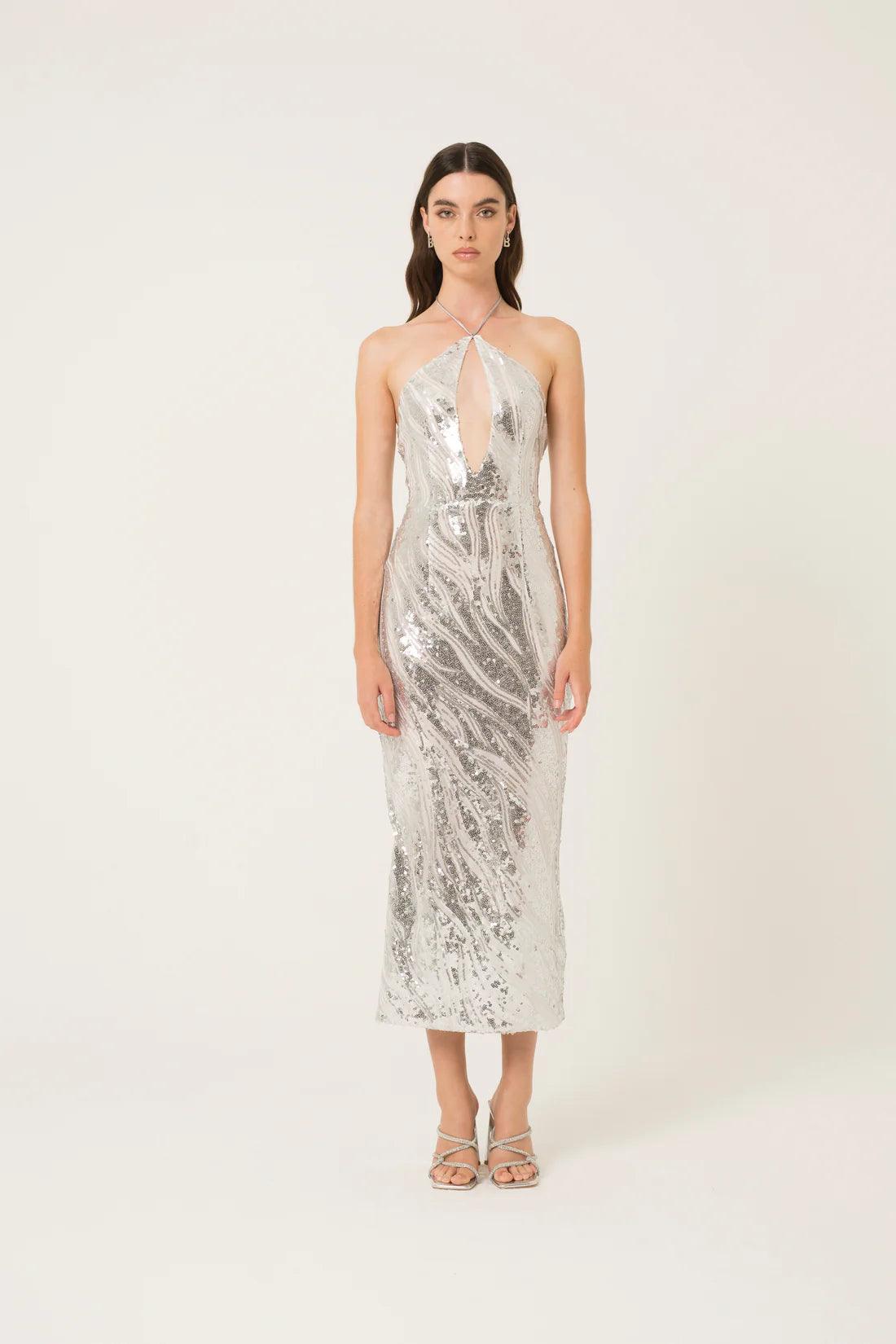 Sequin - Embellished Maxi Dress with Halter Neckline - BTK COLLECTIONS