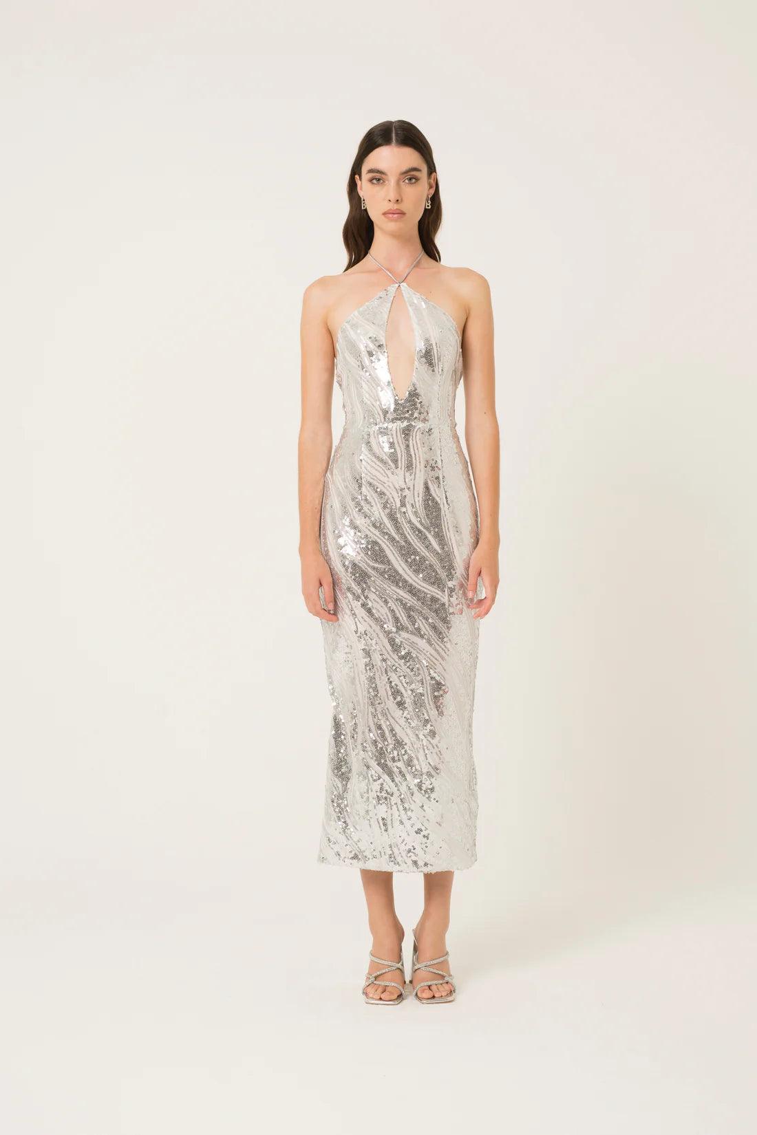 Sequin-Embellished Maxi Dress with Halter Neckline - BTK COLLECTIONS