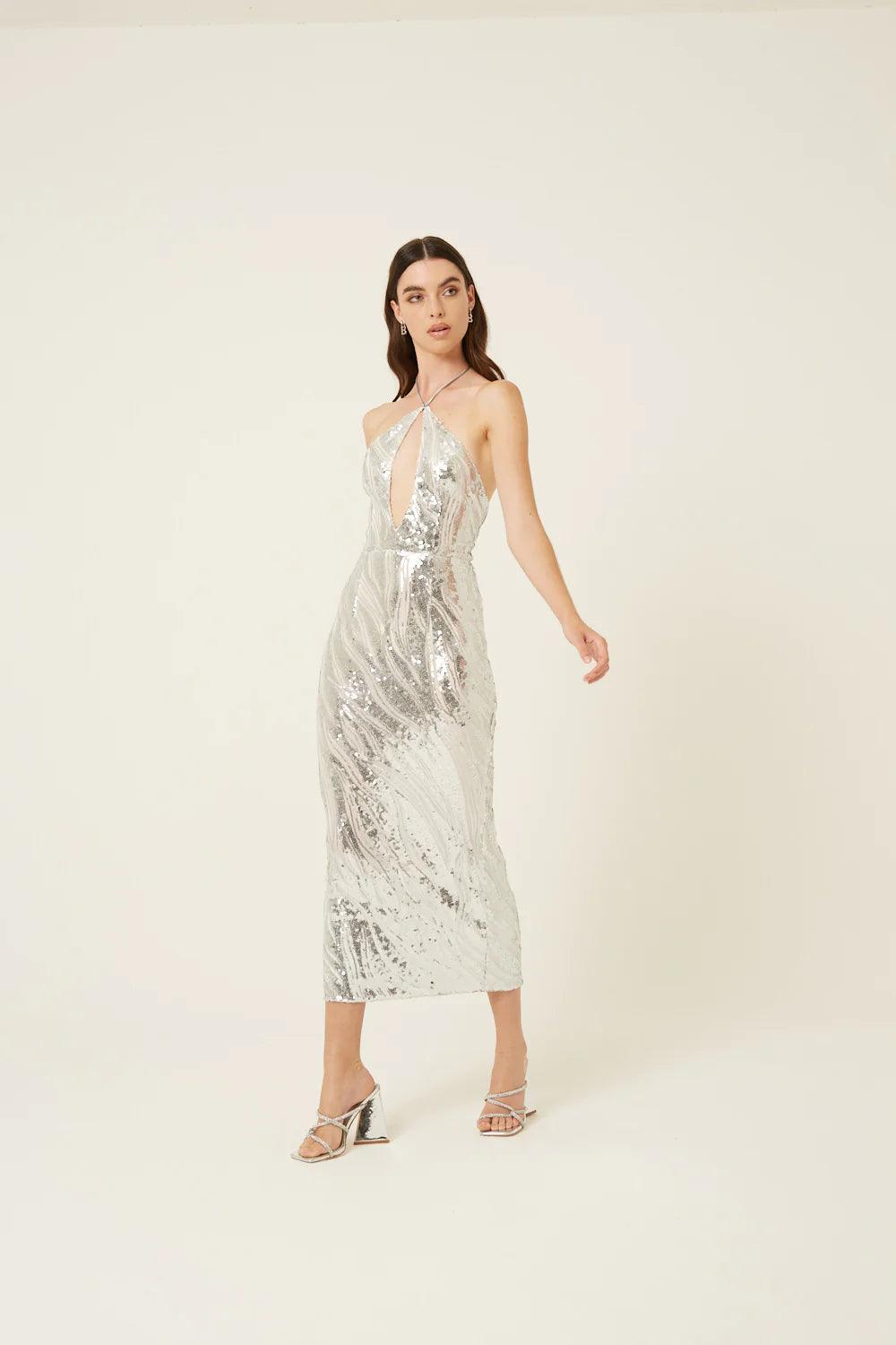 Sequin - Embellished Maxi Dress with Halter Neckline - BTK COLLECTIONS