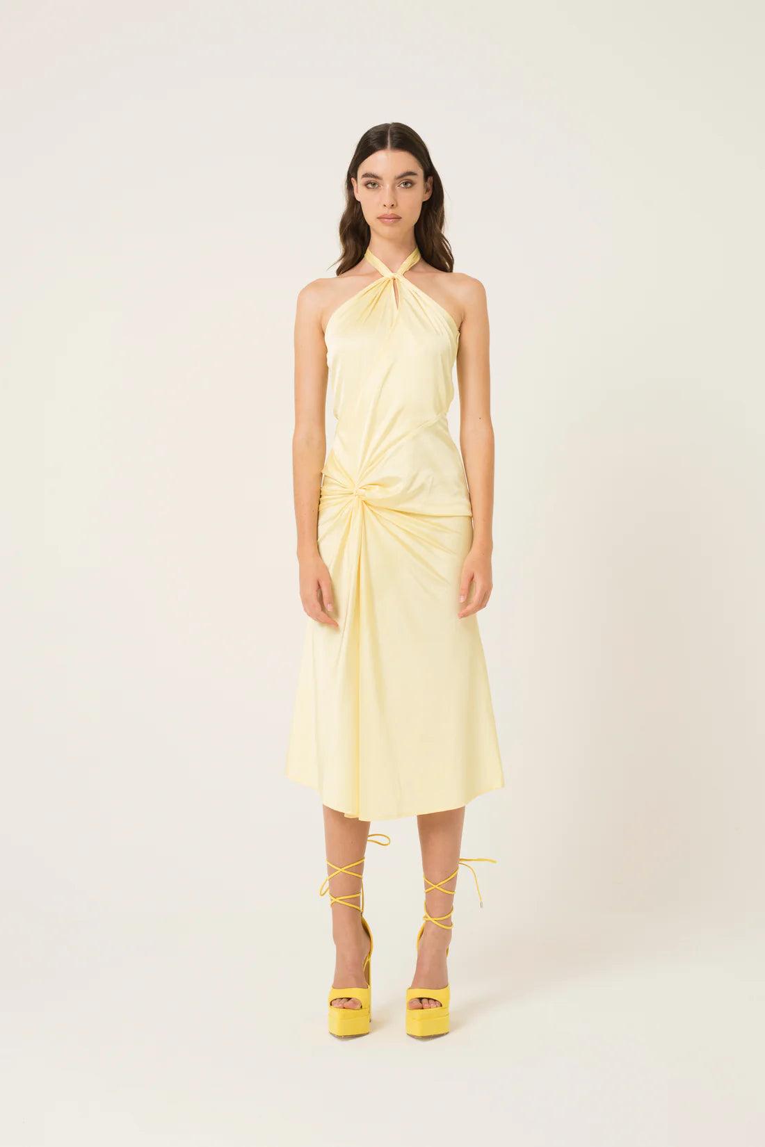 Women’s butter yellow satin occasion midi dress with halter neckline and draped waist