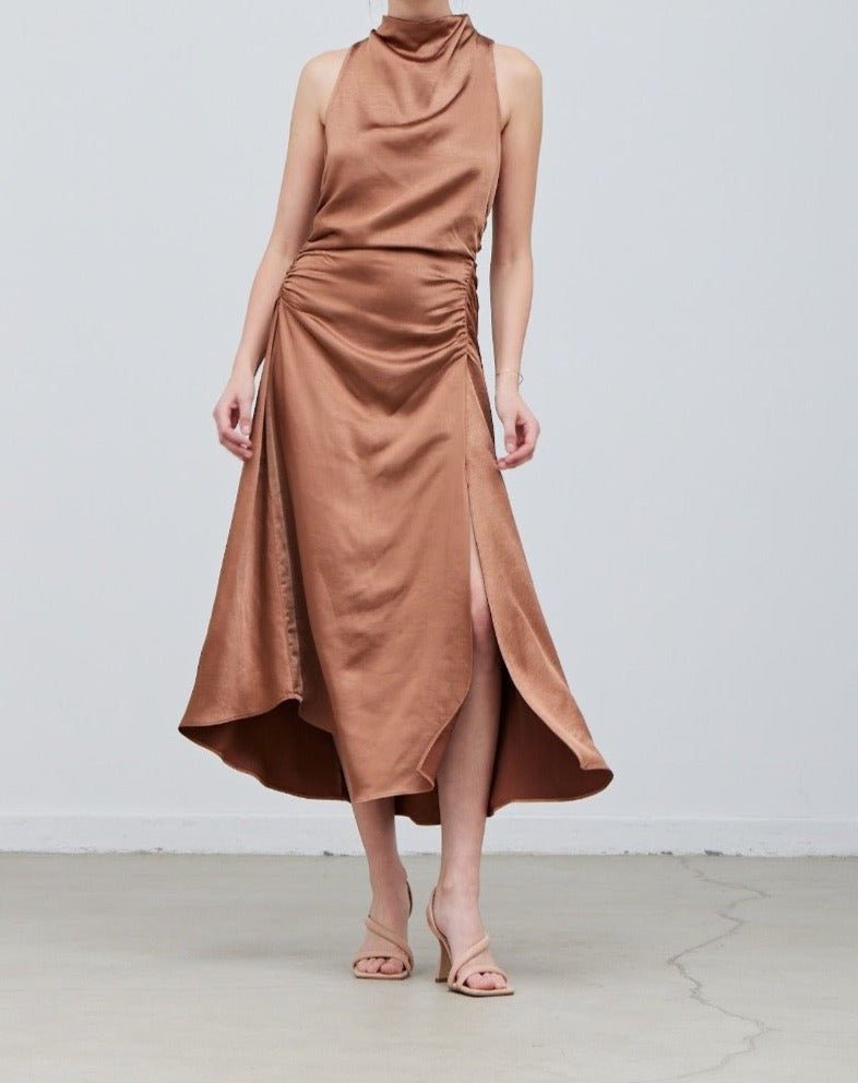 Shirred Drape Satin Dress - BTK COLLECTIONS