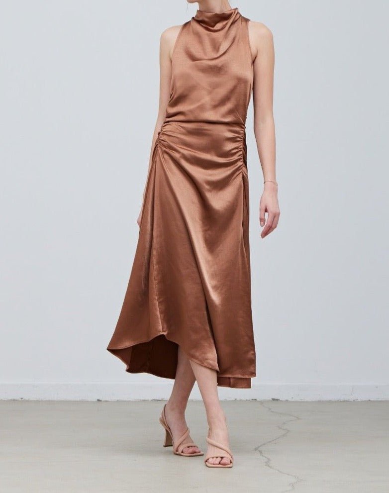 Shirred Drape Satin Dress - BTK COLLECTIONS