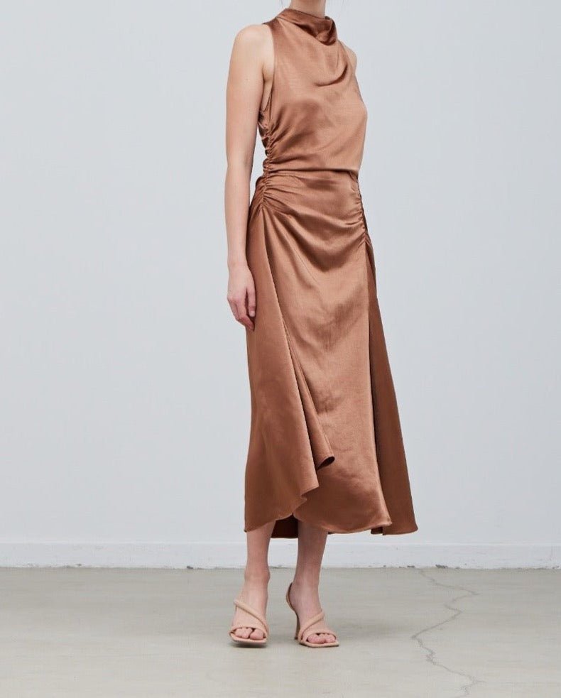 Shirred Drape Satin Dress - BTK COLLECTIONS