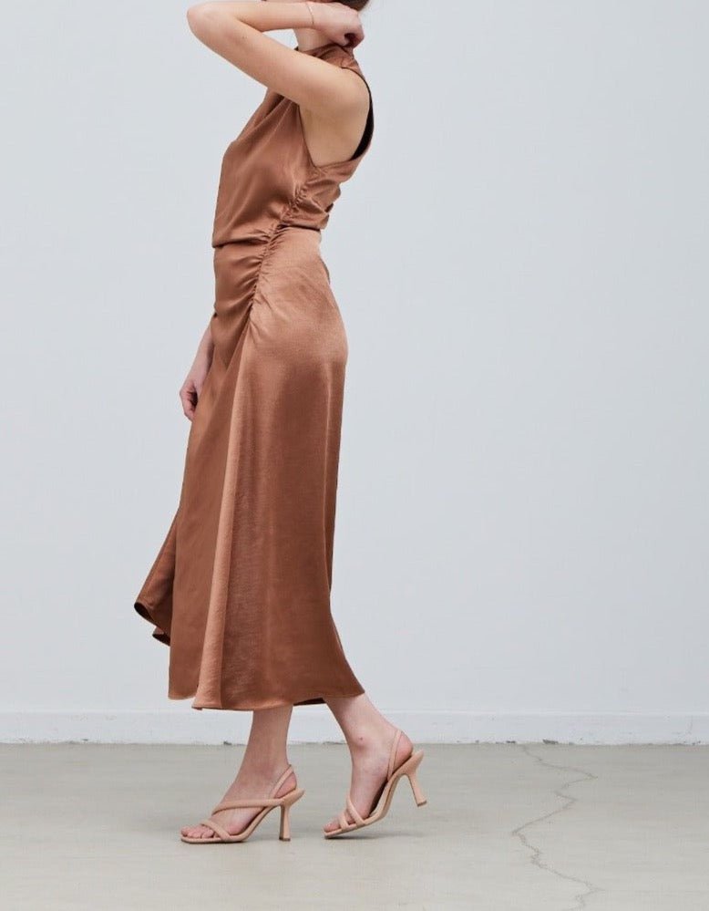 Shirred Drape Satin Dress - BTK COLLECTIONS