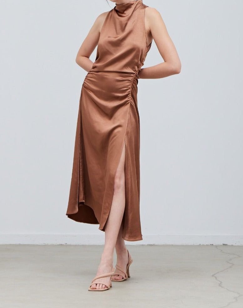 Shirred Drape Satin Dress - BTK COLLECTIONS