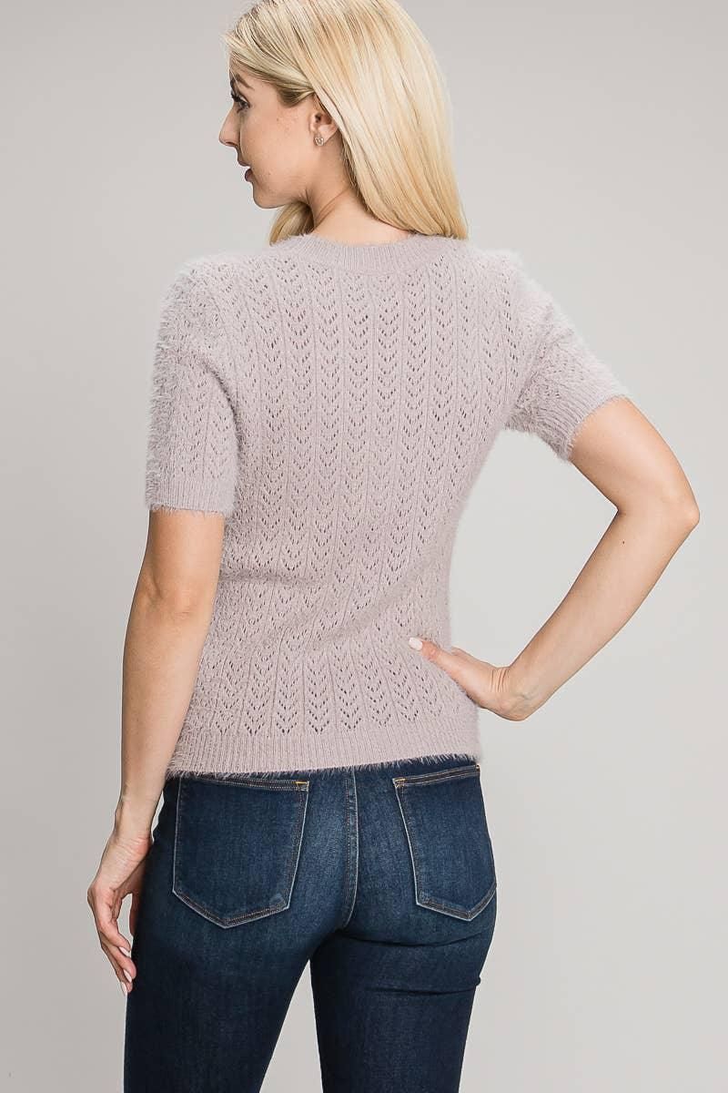 Short Sleeve Pointelle Eyelash Sweater - BTK COLLECTIONS