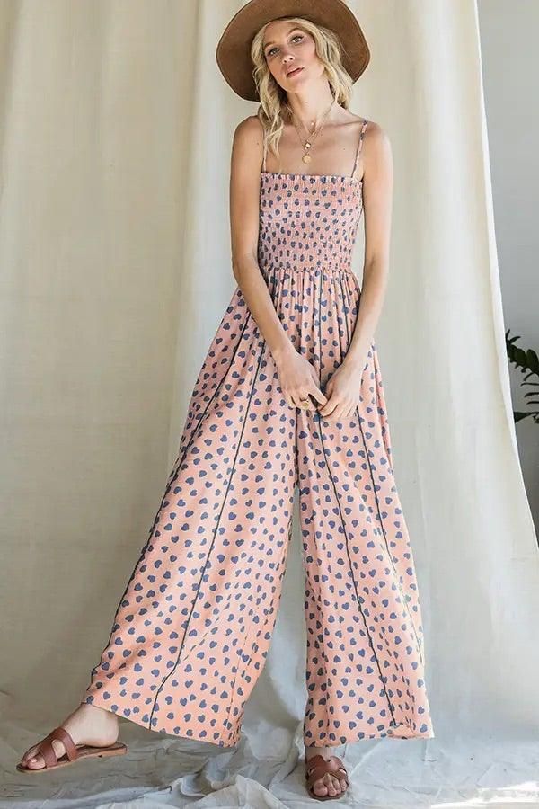 Smocked Polka Heart Print Jumpsuit - BTK COLLECTIONS