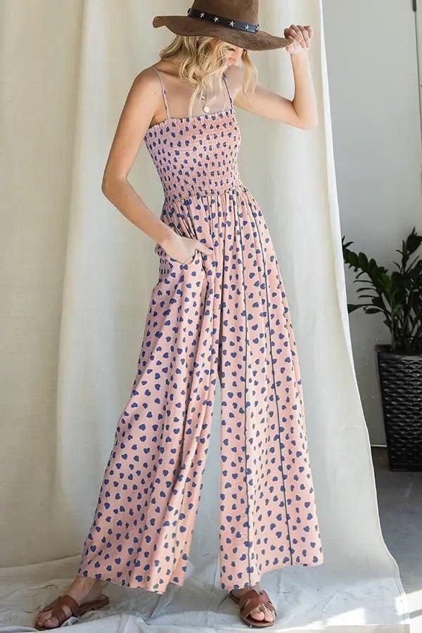 Smocked Polka Heart Print Jumpsuit - BTK COLLECTIONS