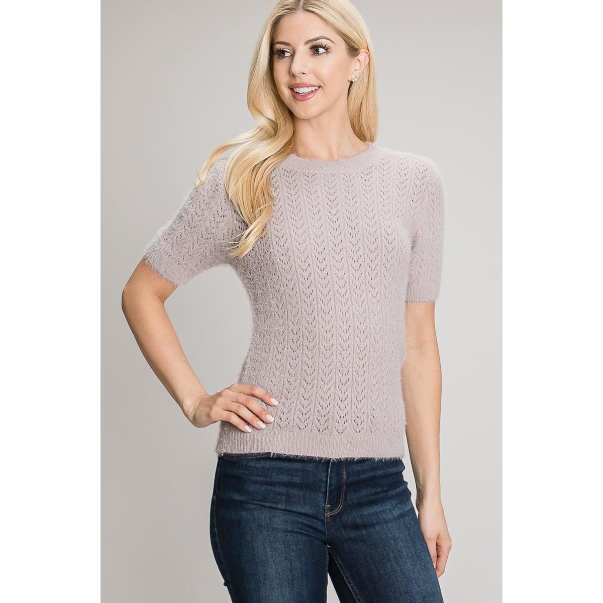 Front view of the Allie Rose lilac pointelle eyelash sweater with a crew neck, short sleeves and ribbed trim.