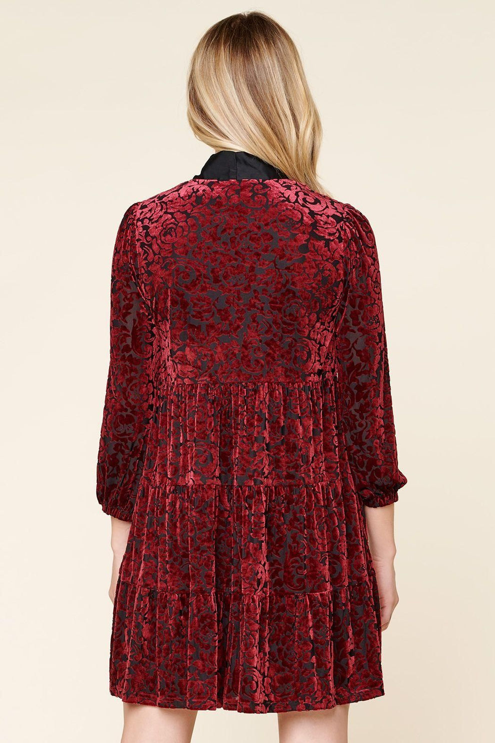 Sweet as a Rose Tie Neck Velvet Tiered Dress - BTK COLLECTIONS