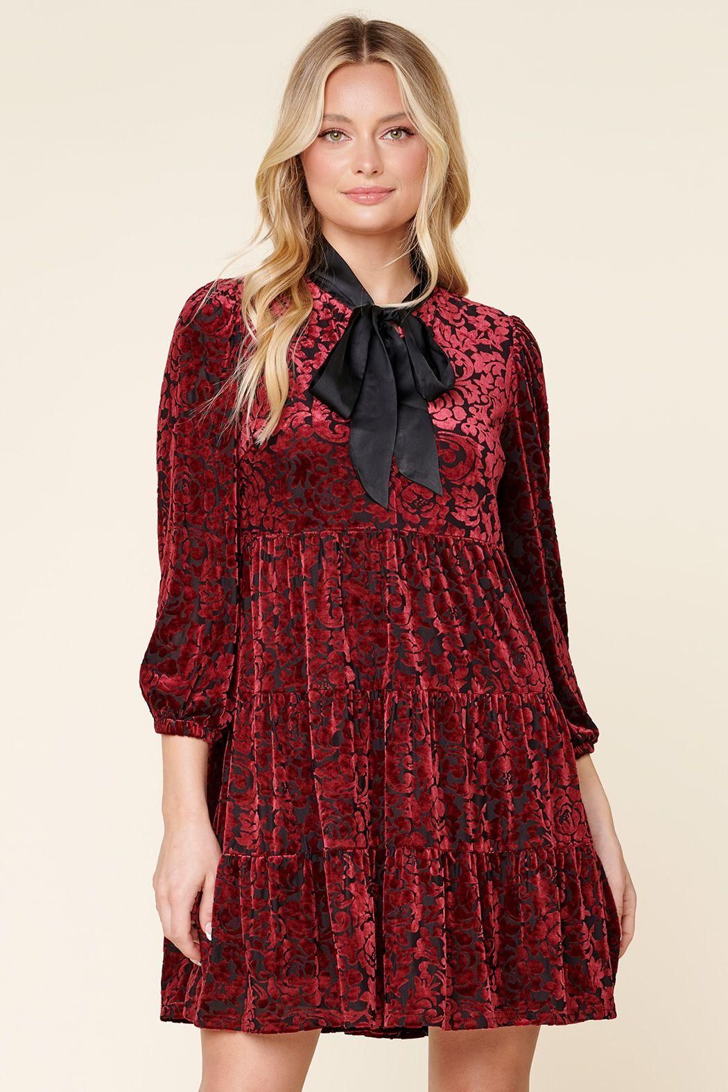 Sweet as a Rose Tie Neck Velvet Tiered Dress - BTK COLLECTIONS