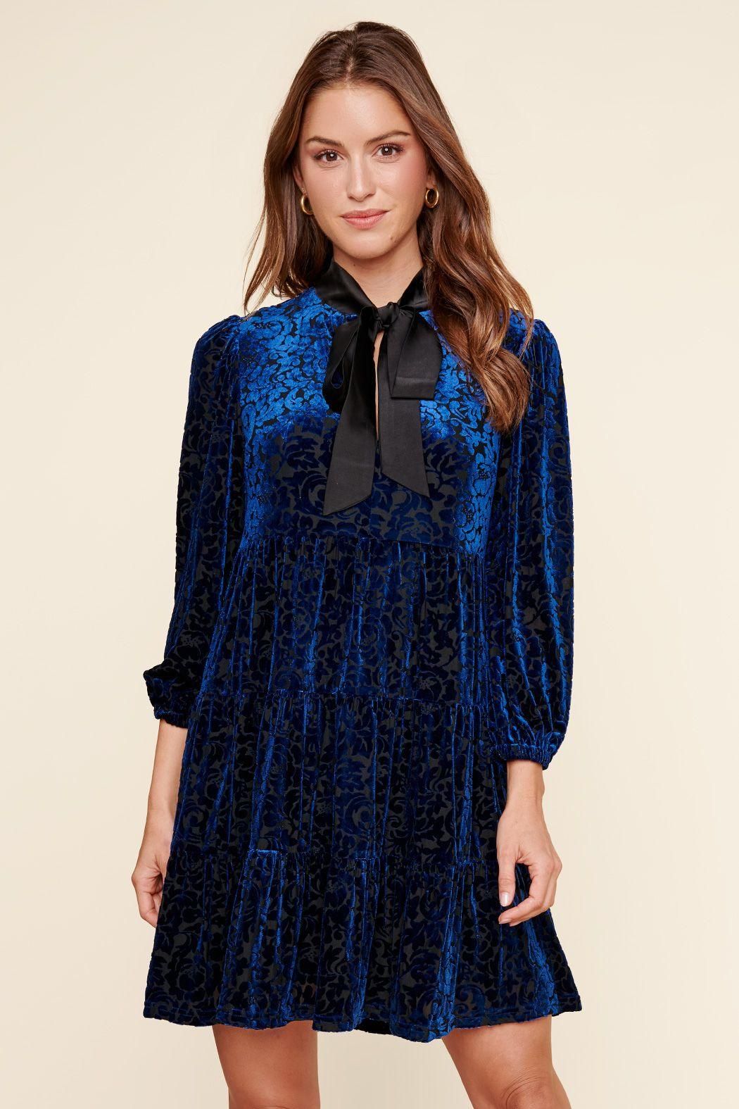 Sweet as a Rose Tie Neck Velvet Tiered Dress - BTK COLLECTIONS