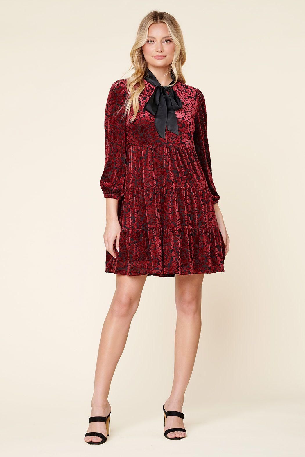 Sweet as a Rose Tie Neck Velvet Tiered Dress - BTK COLLECTIONS