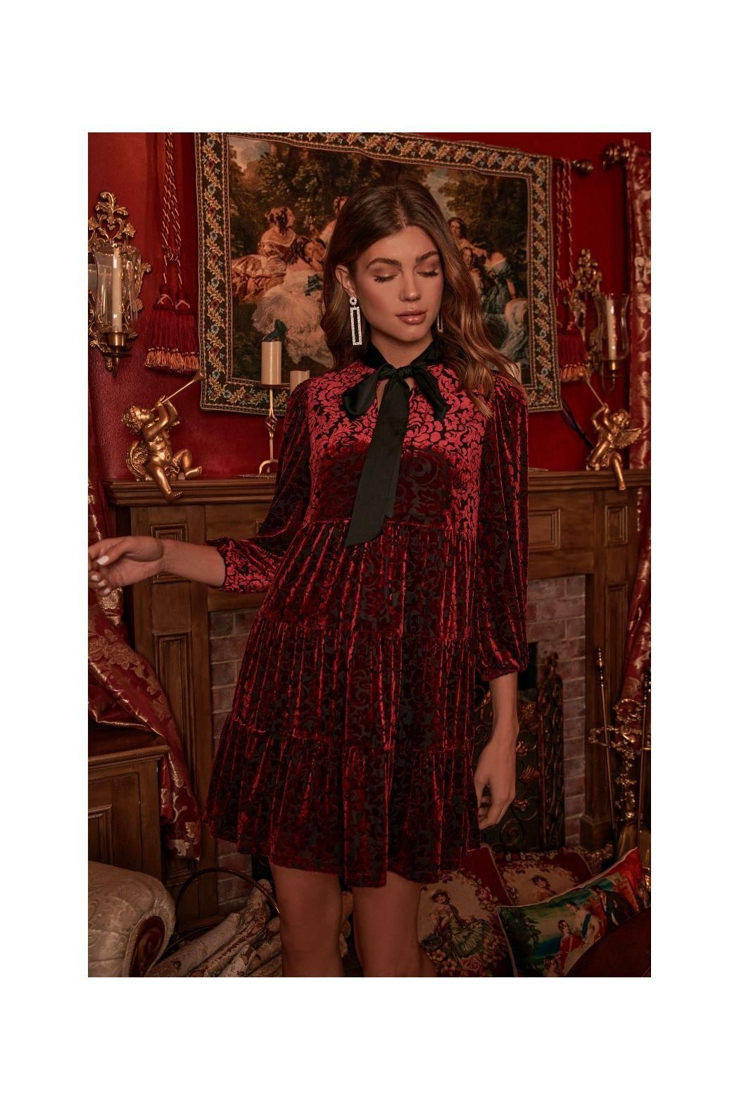 Sweet as a Rose Tie Neck Velvet Tiered Dress - BTK COLLECTIONS