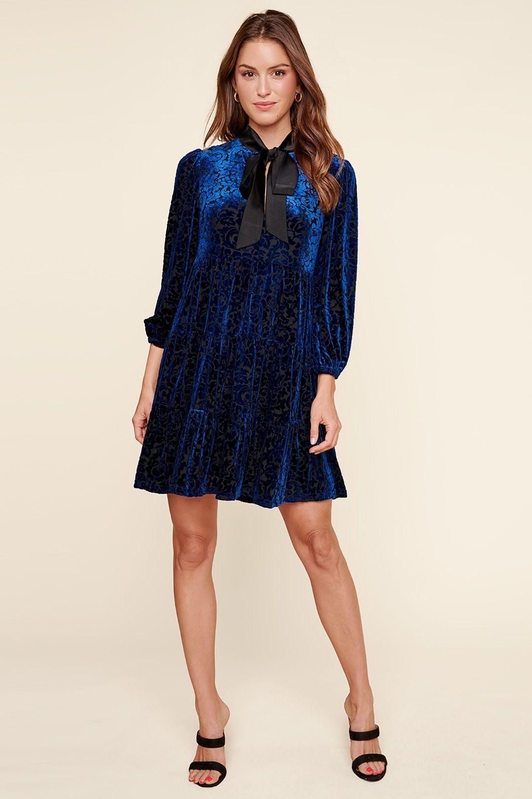 Sweet as a Rose Tie Neck Velvet Tiered Dress - BTK COLLECTION