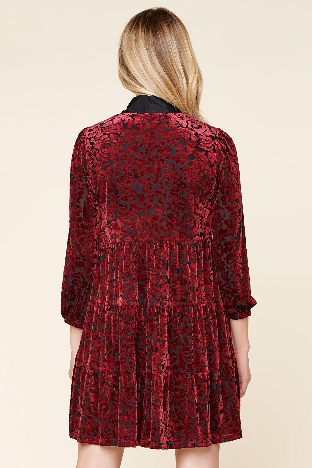 Sweet as a Rose Tie Neck Velvet Tiered Dress - BTK COLLECTION