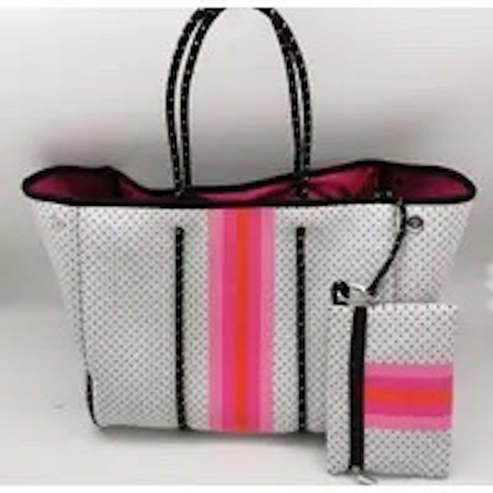 White neoprene tote with pink and orange center stripe and matching pouch