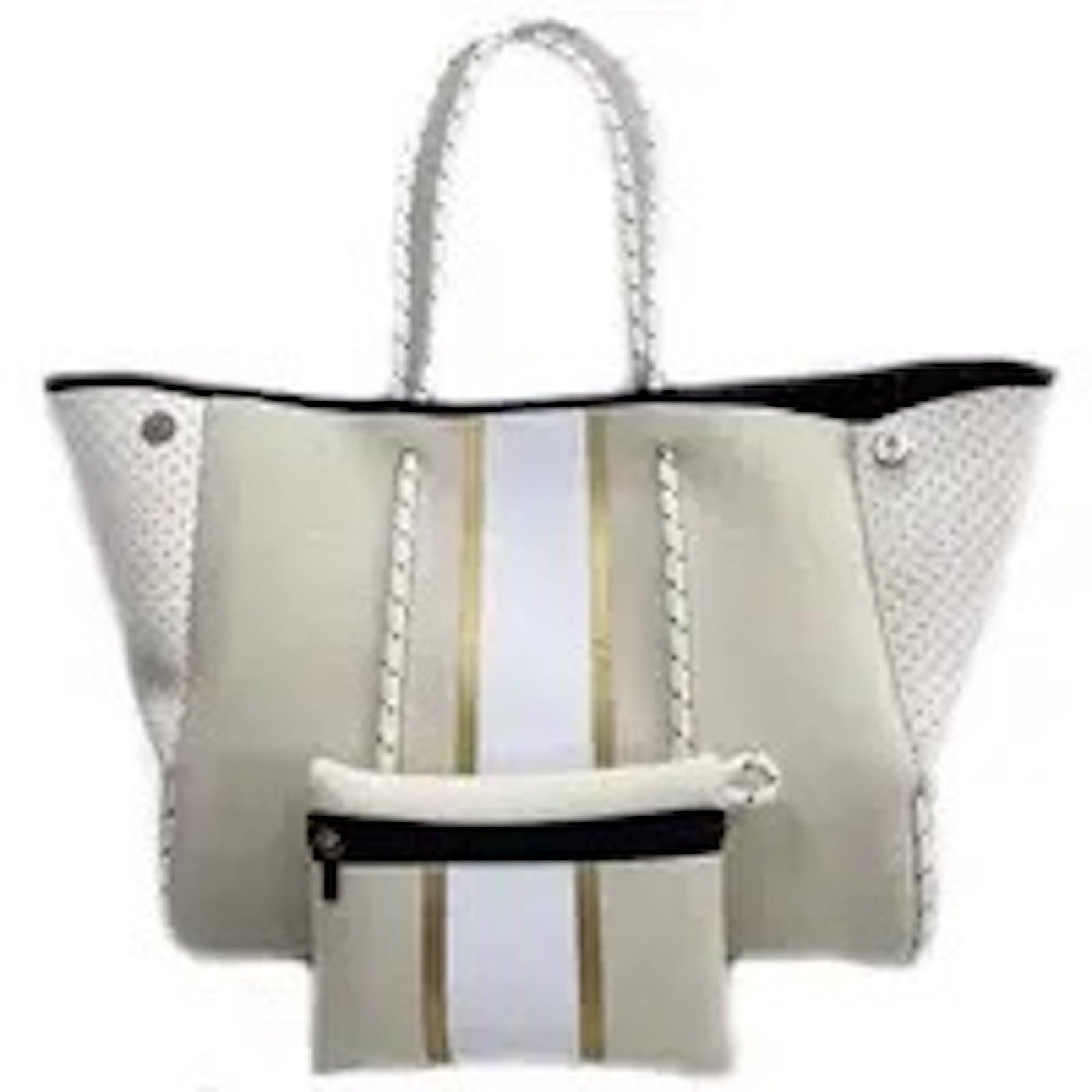 	Ivory neoprene tote with white and gold stripe and matching pouch
