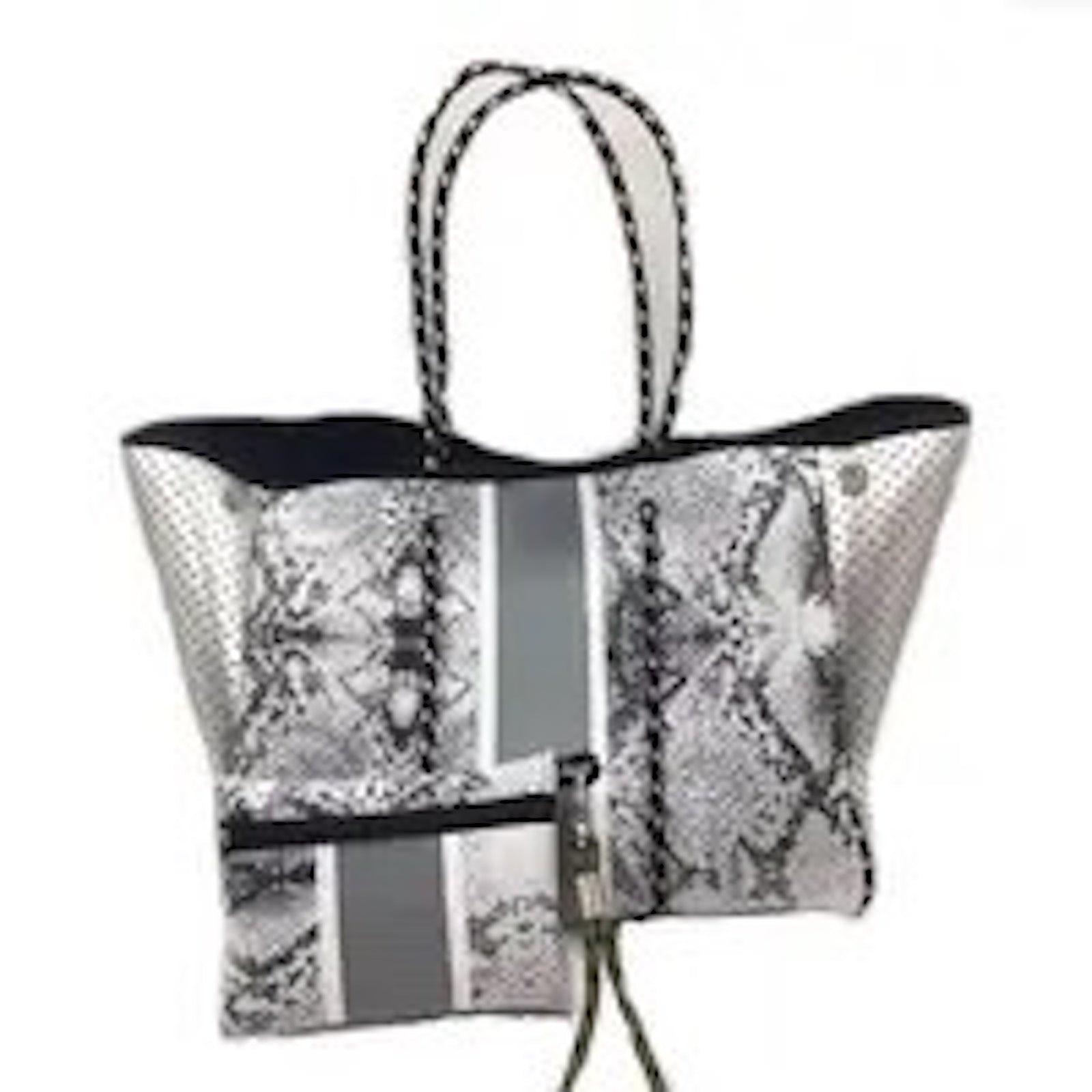 Neoprene tote bag with grey center stripe and snake skin print