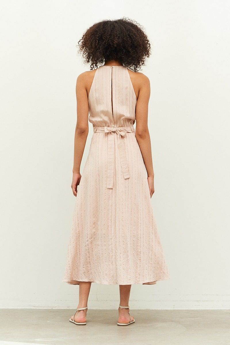 Back view of sleeveless midi dress with tie belt and back slit by Grade & Gather