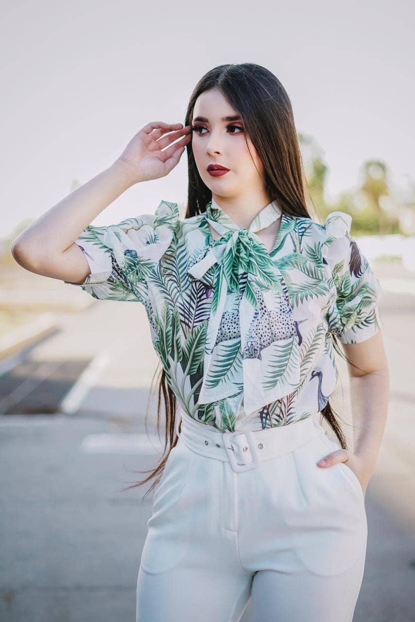 Tie-Neck Printed Short Sleeve Blouse Top - BTK COLLECTIONS