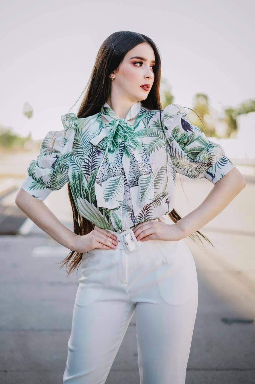 Tie-Neck Printed Short Sleeve Blouse Top - BTK COLLECTIONS