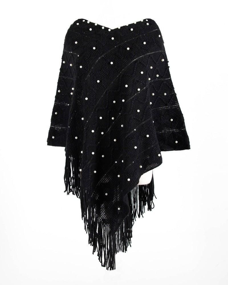 Black pearl poncho shawl with textured knit and fringe